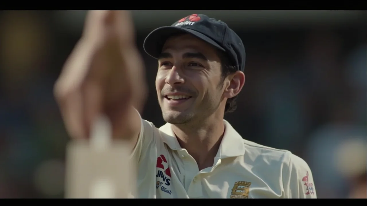 A close editorial frame of a batter in stance at the crease under floodlights, bat raised and eyes on the bowler's hand, with the Headingley stand blurred in the background.